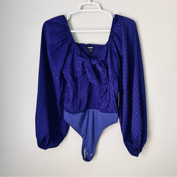 Express Women’s Blue Long Sleeve Bow Front Bodysuit Size Small - Picture 1 of 9